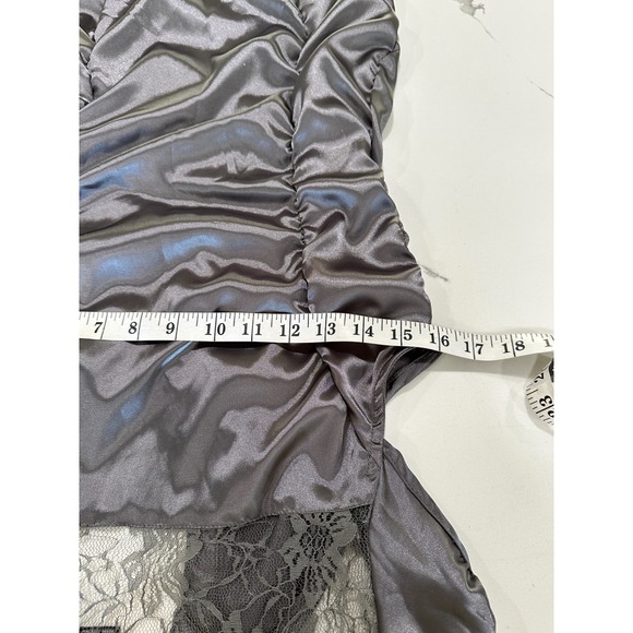 Gray Satin Lace Ruched Button Up Blouse Cap Sleeve Goth Steampunk S - Picture 5 of 6